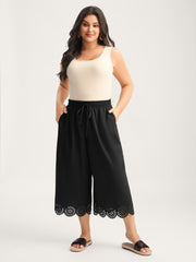 Scalloped Hem Laser Cut Wide-Leg Pants