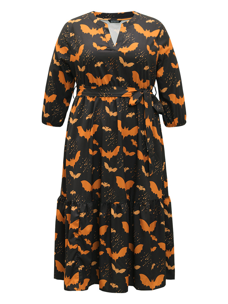 Halloween Bat Print Notched Belted Pocket Dress