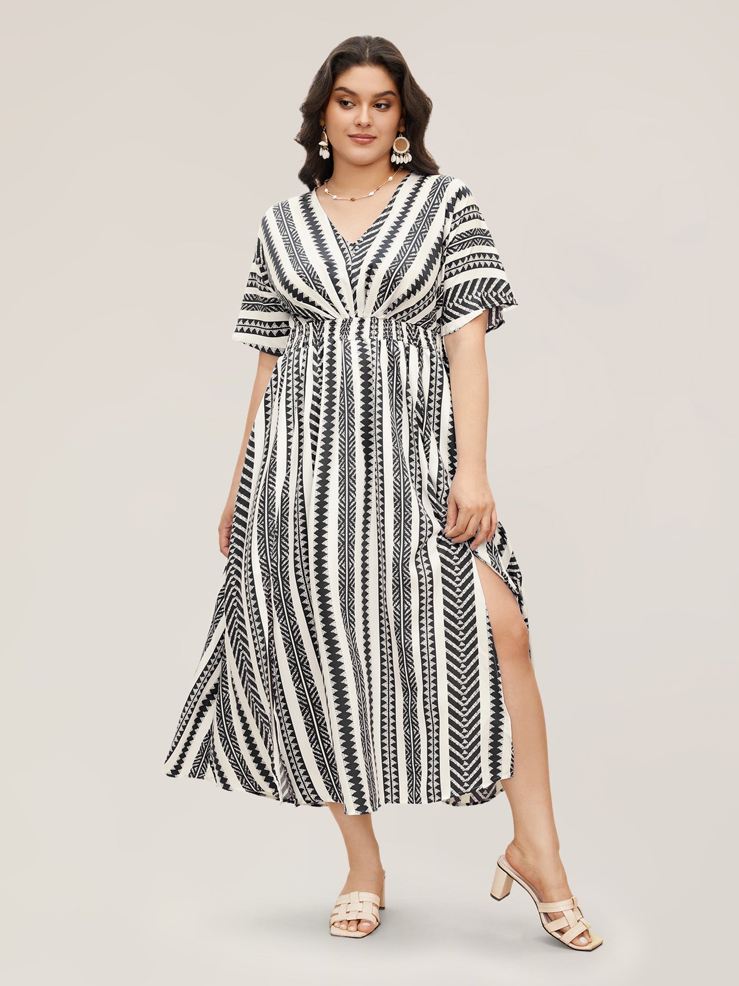 Solid Geometric Dolman Sleeve Pocket Shirred Split Hem Dress