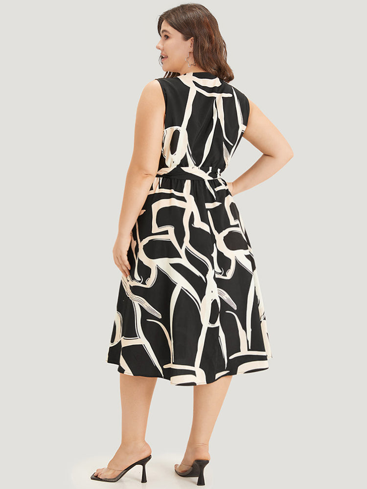Geometric Print Pocket Notched Belted Tank Dress