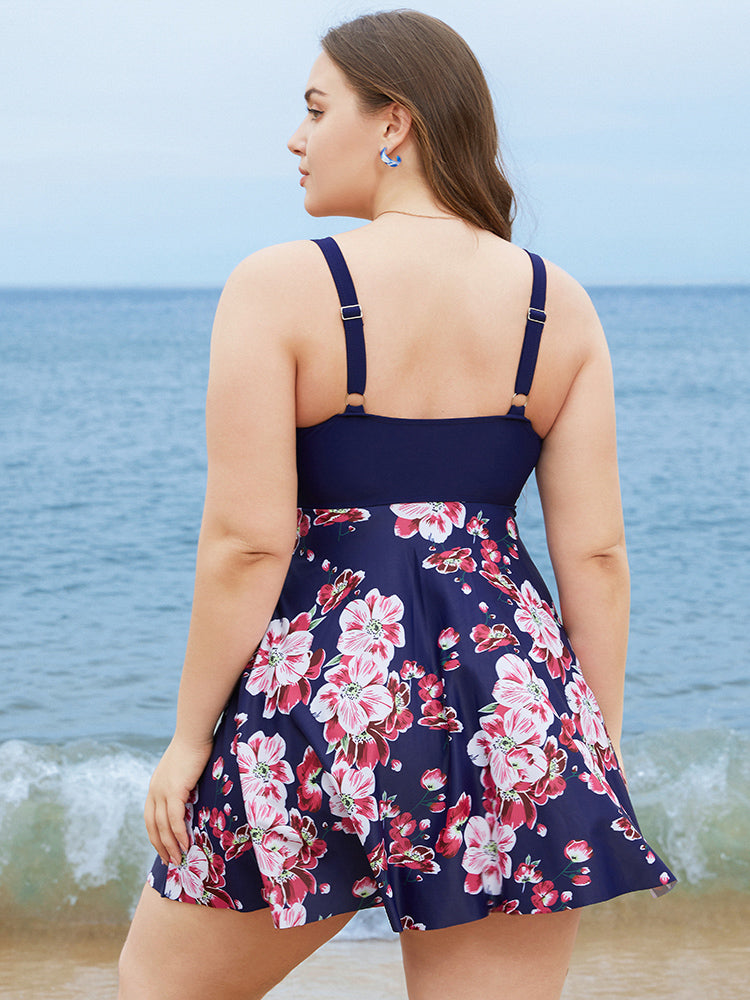 Floral Print Knotted Twist Front  A Line Swim Dress