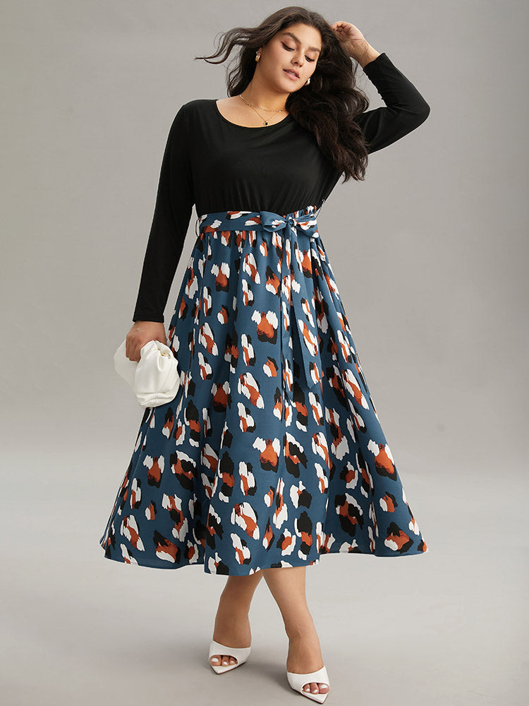 Allover Print Patchwork Belted Pocket Dress