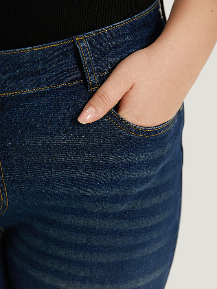 Solid Ripped Pocket Roll Hem Jeans