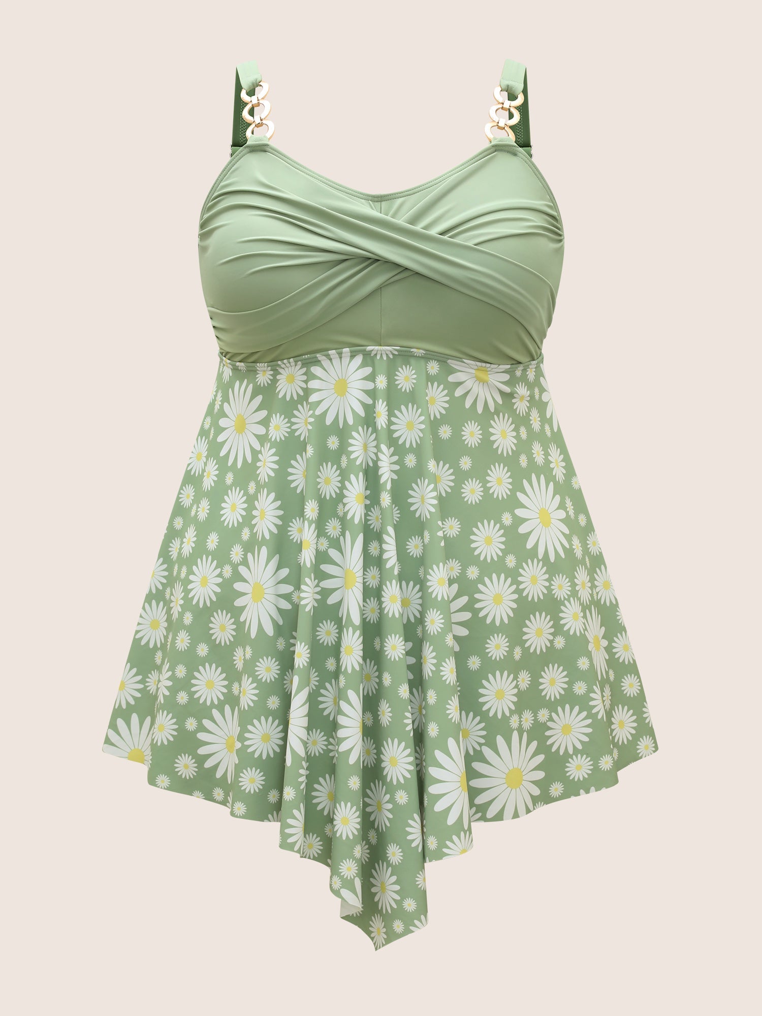 Floral Patchwork Twist Front Buckle Detail Swim Dress