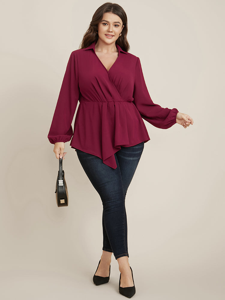 Solid Lantern Sleeve Surplice Neck Asymmetrical Hem Blouse