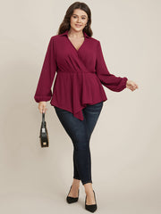 Solid Lantern Sleeve Surplice Neck Asymmetrical Hem Blouse