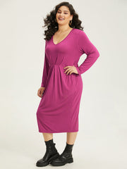 Solid Pocket V Neck Plicated Detail Dress