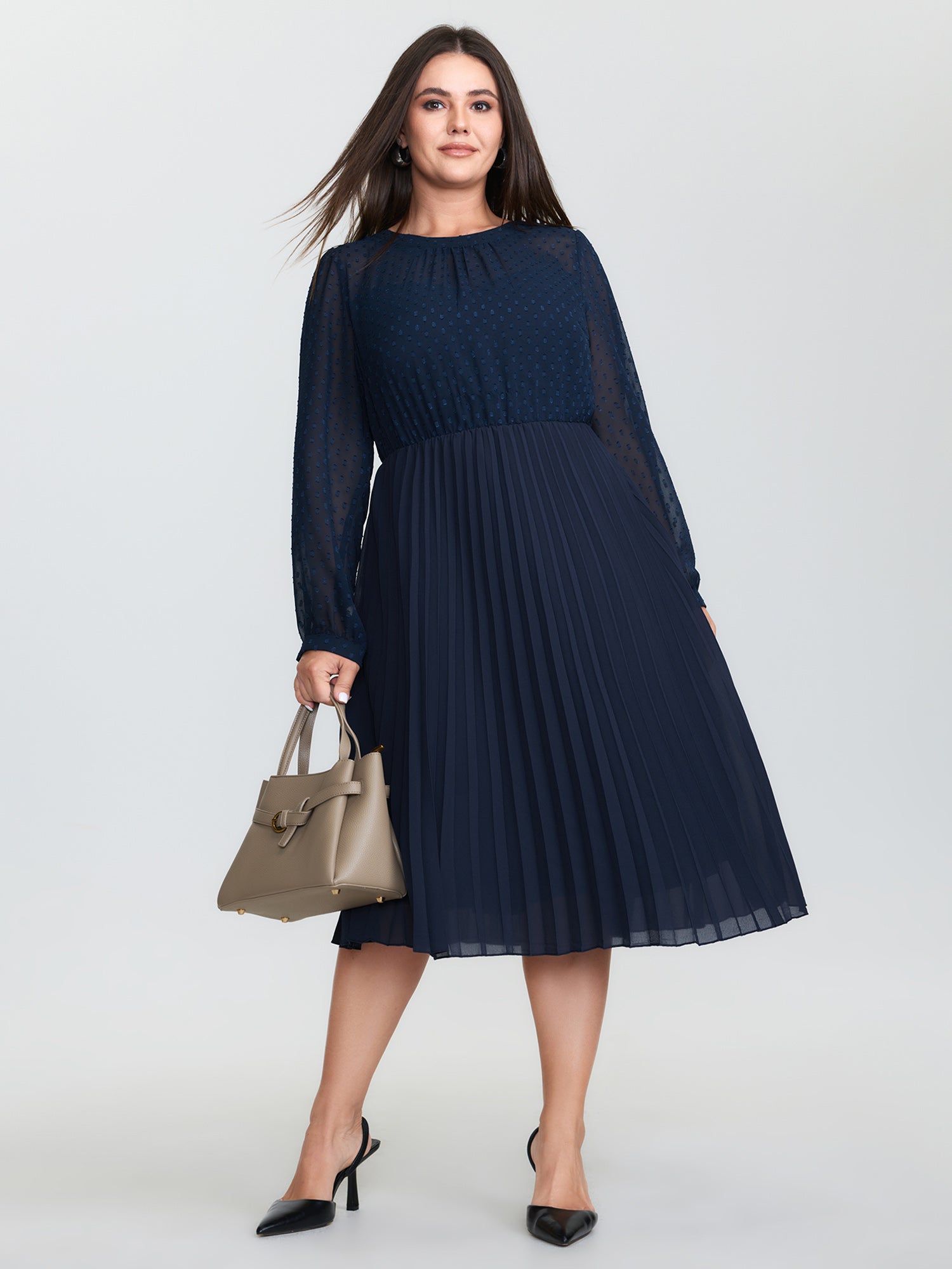 Sheer Polka Dots Pleated Midi Dress