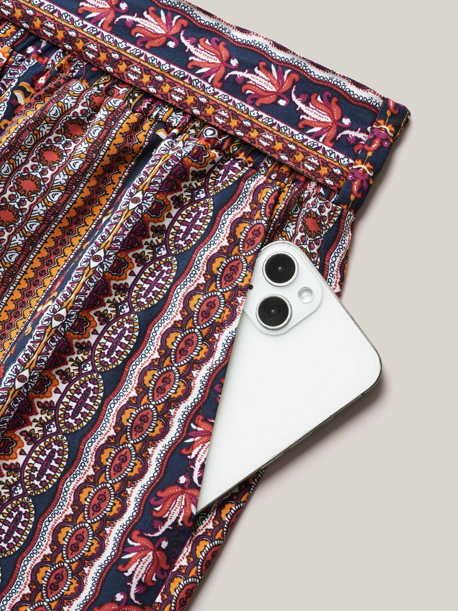 Boho Print Belted Flared Pants