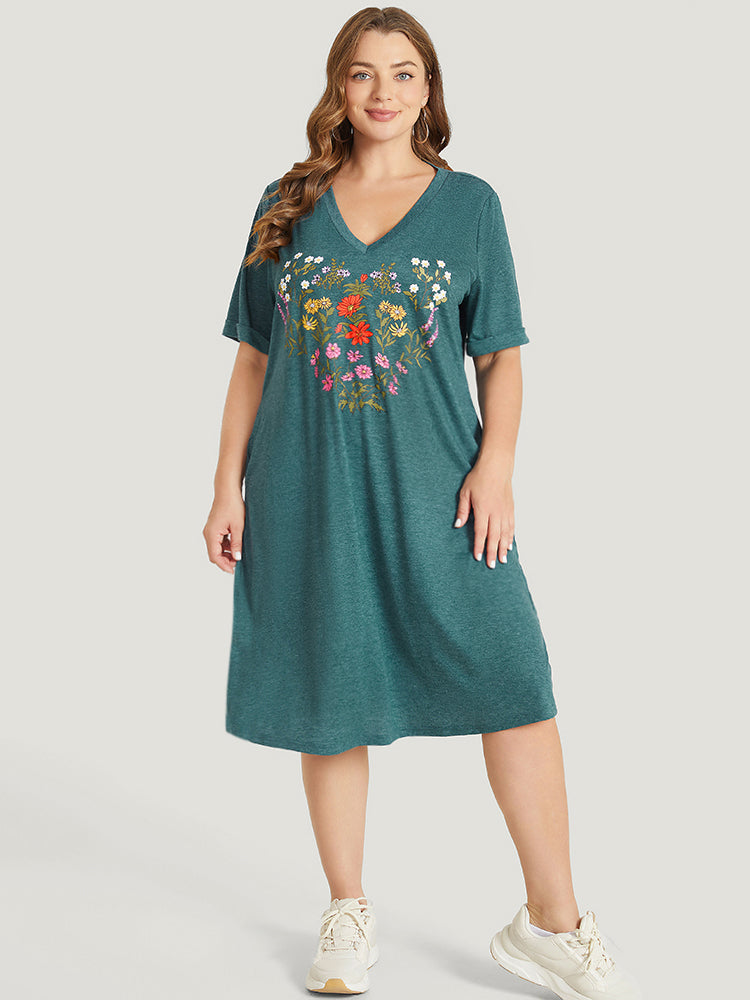 Floral Print Roll Sleeve Pocket V Neck Dress