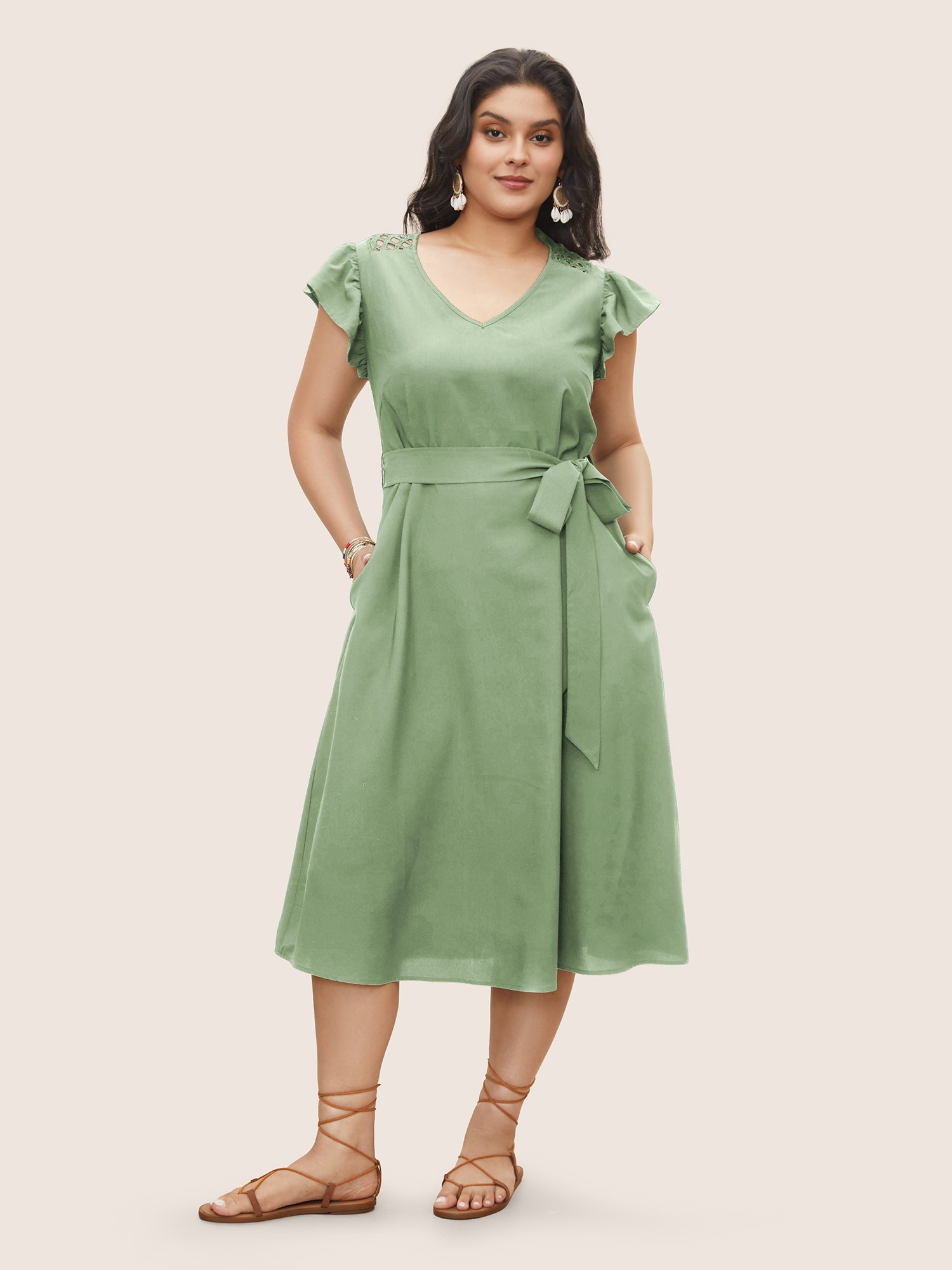 Solid Cut Out Ruffle Cap Sleeve Dress