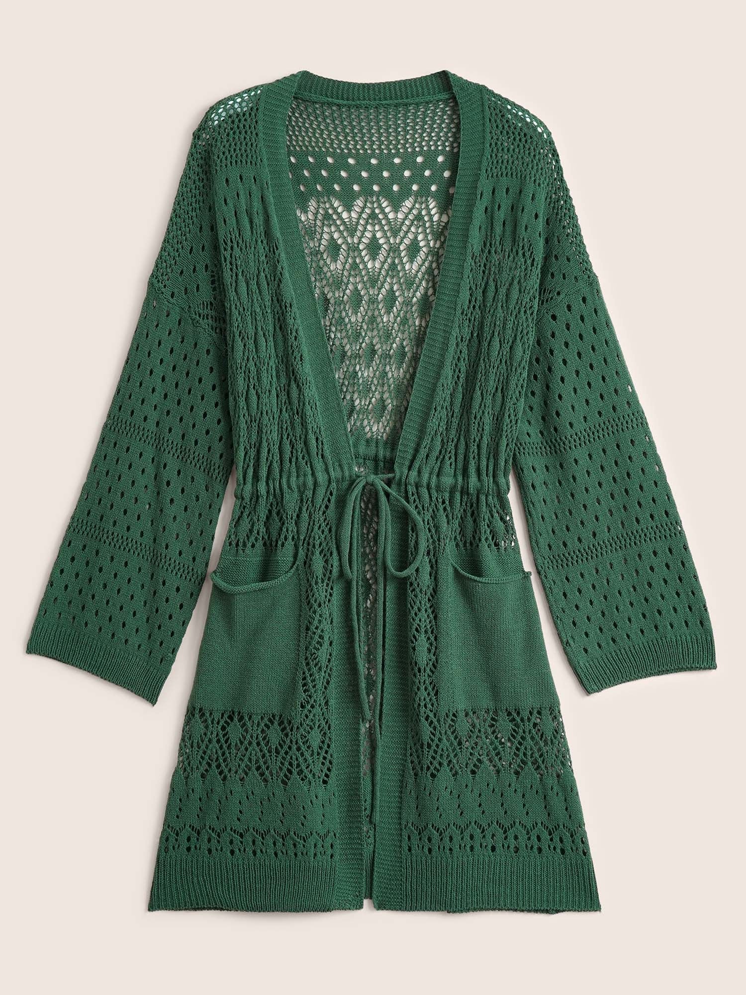 Solid Drawstring Pocket Hollow Out Cardigan