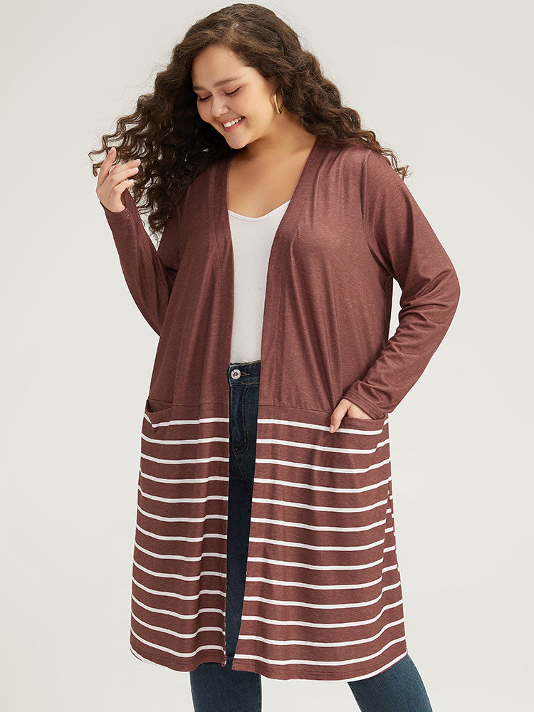 Striped Contrast Pocket Open Front Kimono