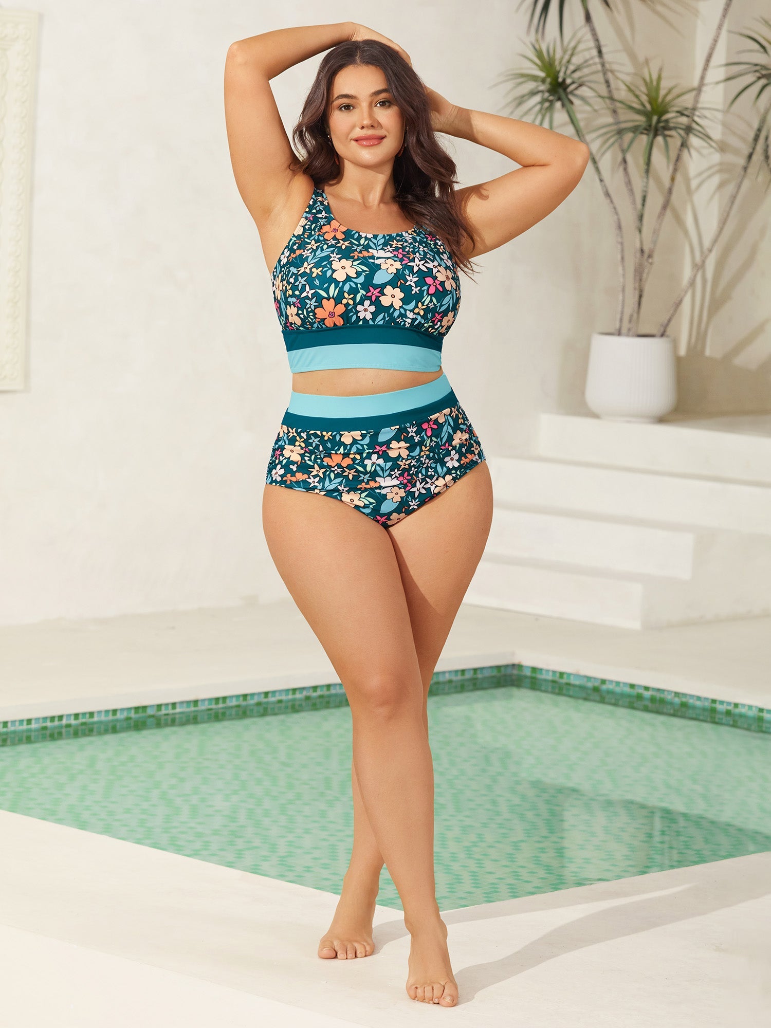 Floral Print Color Contrast Swim Bottoms