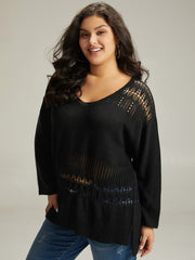 Solid Hollow Out Split V Neck Pullover