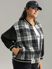 Plaid Button Through Pocket Baseball Collar Bomber Jacket