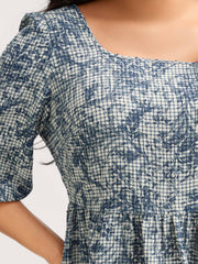 Check Toile de Jouy Shirred Pattern Blouse