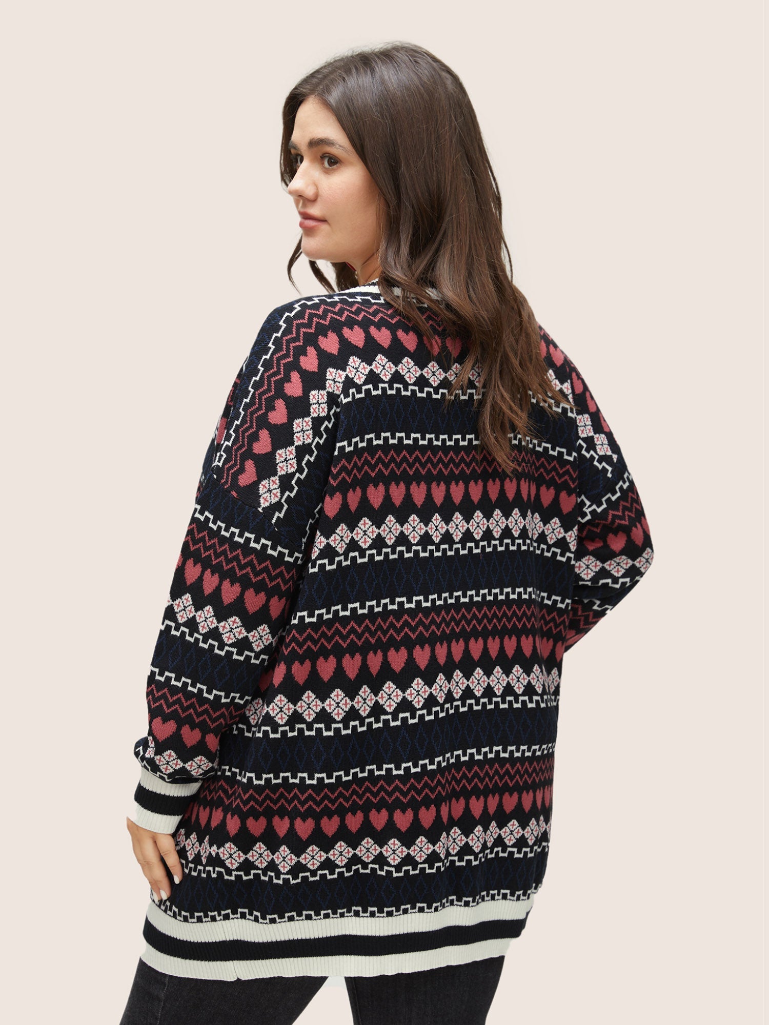 Heart Geometric Jacquard Pocket Cardigan