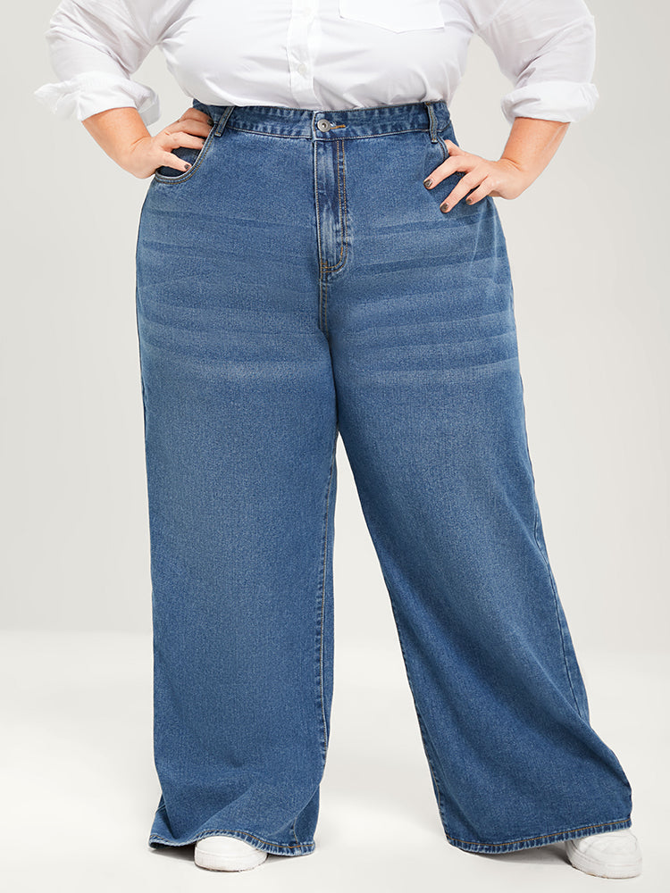 Wide Leg Moderately Stretchy High Rise Medium Wash Jeans