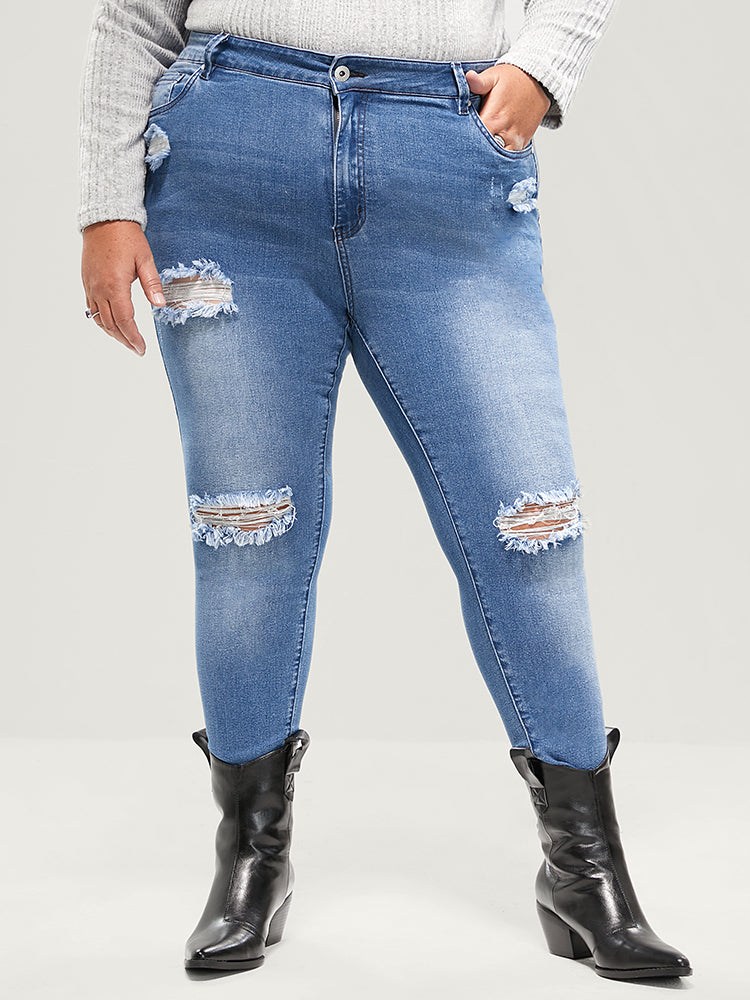 Skinny Very Stretchy High Rise Asymmetrical Distressed Jeans