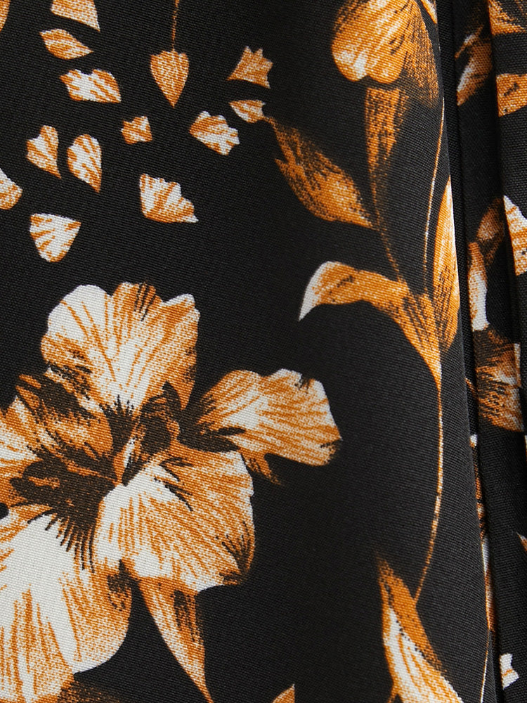 Floral Pocket Bell Sleeve Belted Split Flutter Dress