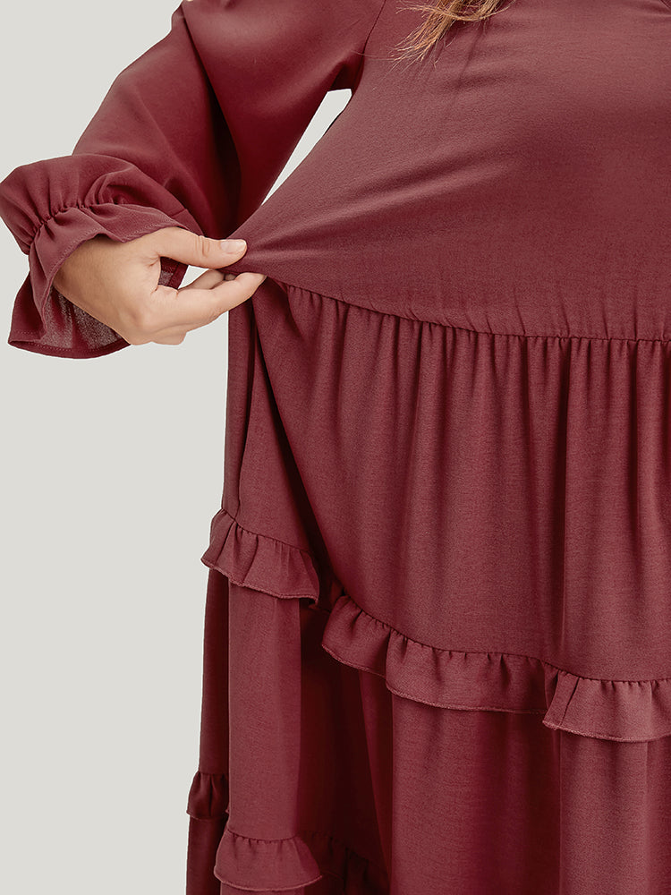 Solid Lantern Sleeve Pocket Ruffle Hem Dress