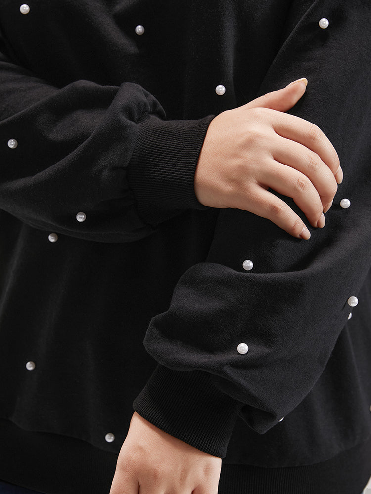 Solid Pearl Beaded Drop Shoulder Sweatshirt