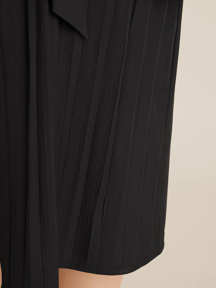 Solid Belted Pleated Shirt Collar Dress