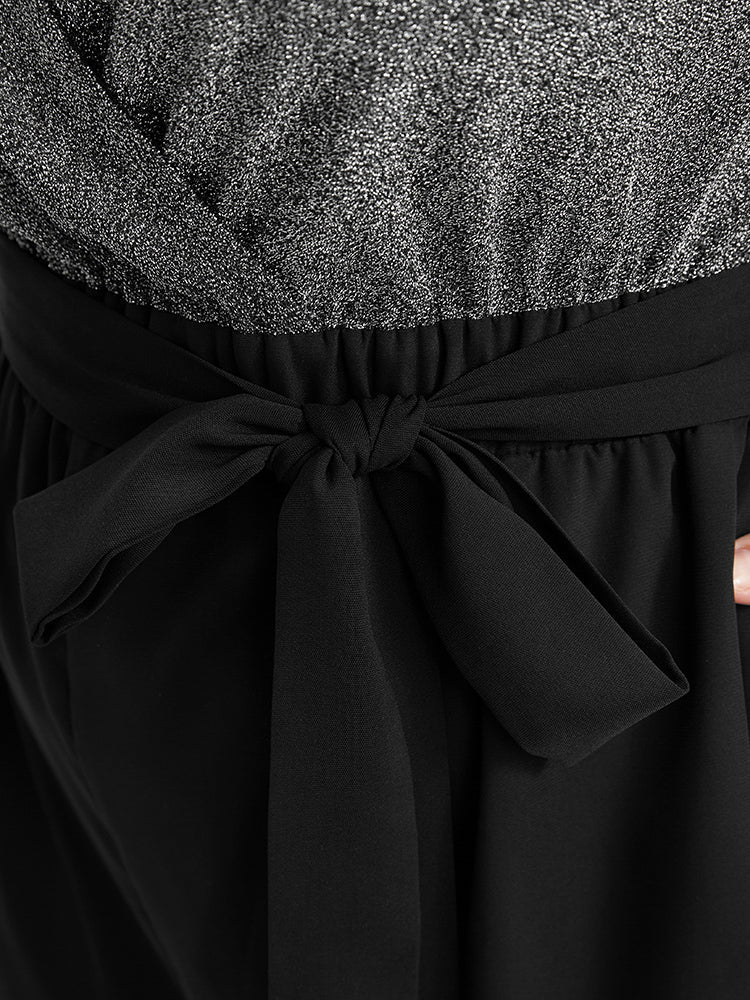 Solid Patchwork Pocket Keyhole Belted Sequin Jumpsuit