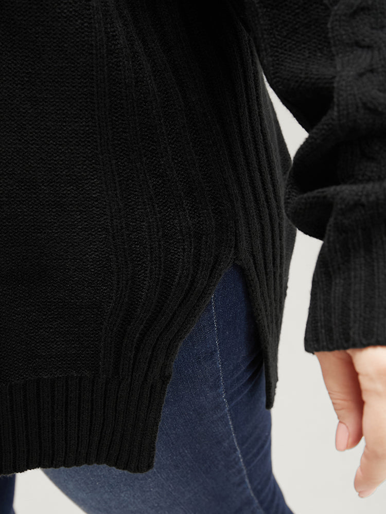 Solid Pointelle Knit Cut Out Split Hem Cable Knit Top