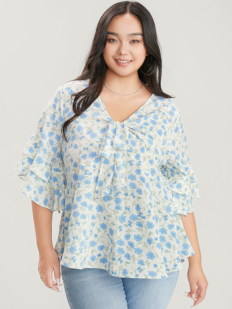 Floral Printed Knotted Front V Neck Ruffle Sleeve Blouse