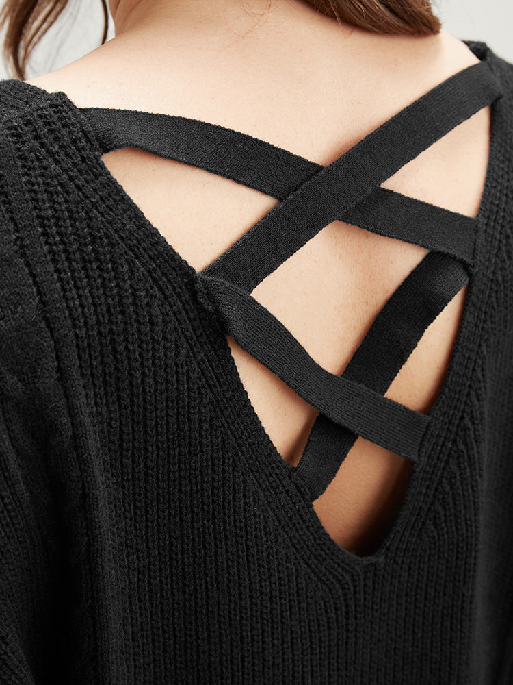 Solid Pointelle Knit Lantern Sleeve Cut Out Split Knit Top