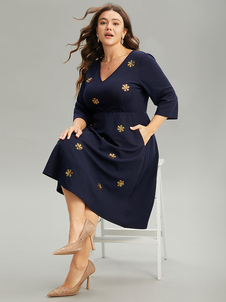 Snowflake Sequin Embroidered Pocket Dress