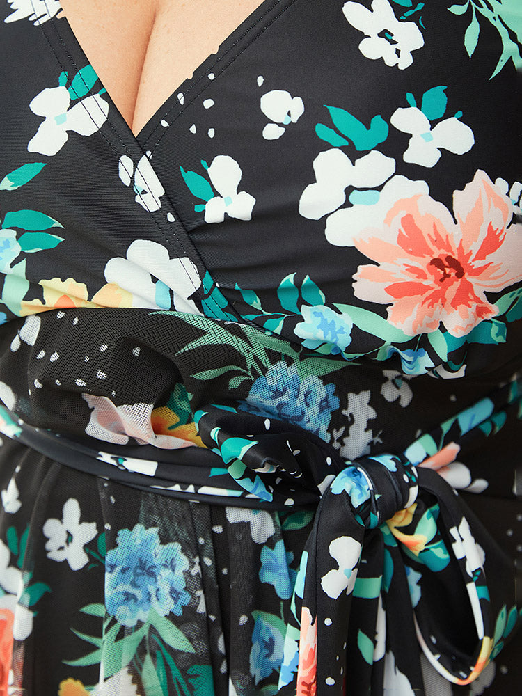 Floral Wrap Knot Front Mesh Ruffle Hem Swim Dress