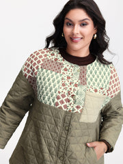 Floral Collage Print Pockets Quilted Jacket