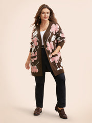 Floral Jacquard Open Front Pocket Cardigan