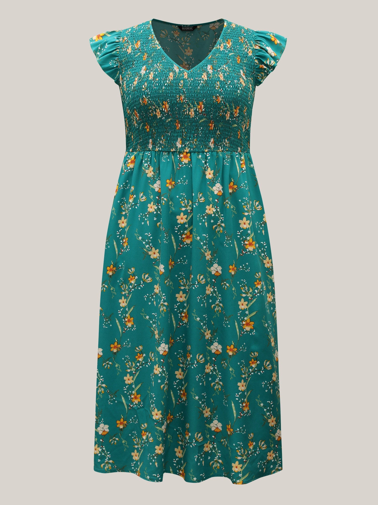 Shirred Printed Flutter Sleeve Pockets Maxi Dress