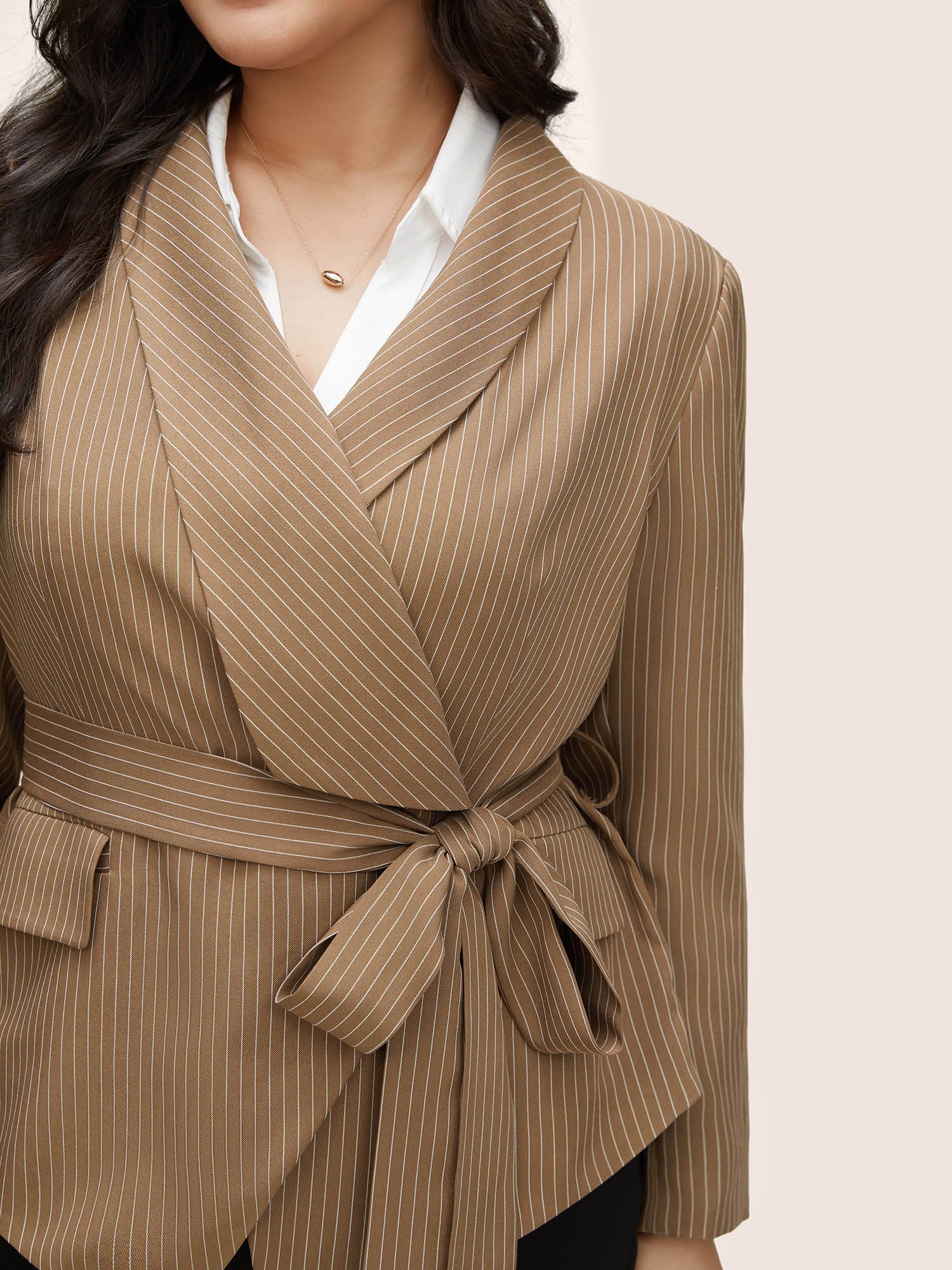 Striped Asymmetrical Hem Belted Flap Pocket Blazer