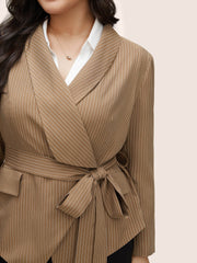 Striped Asymmetrical Hem Belted Flap Pocket Blazer