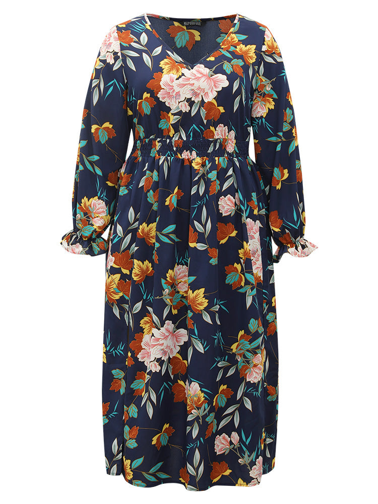 Floral Print Split Side Ruffle Trim Dress