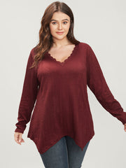 Solid V Neck Lace Trim Asymmetrical Hem Long Tee