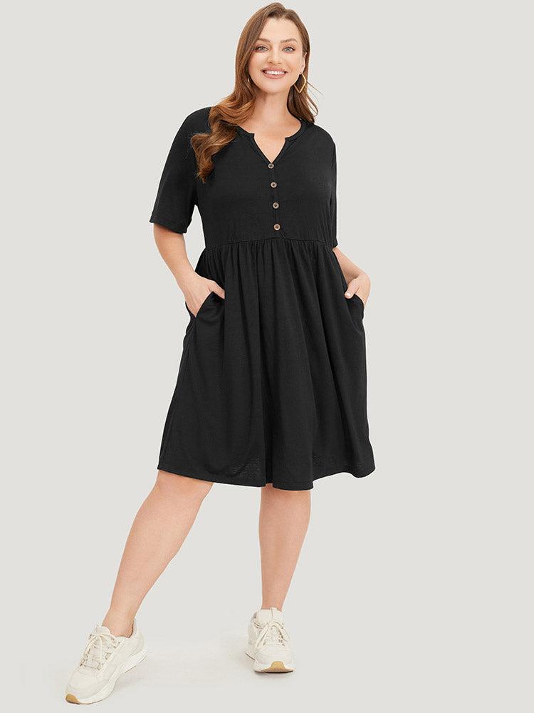 Solid Notched Pocket Flutter Hem Dress