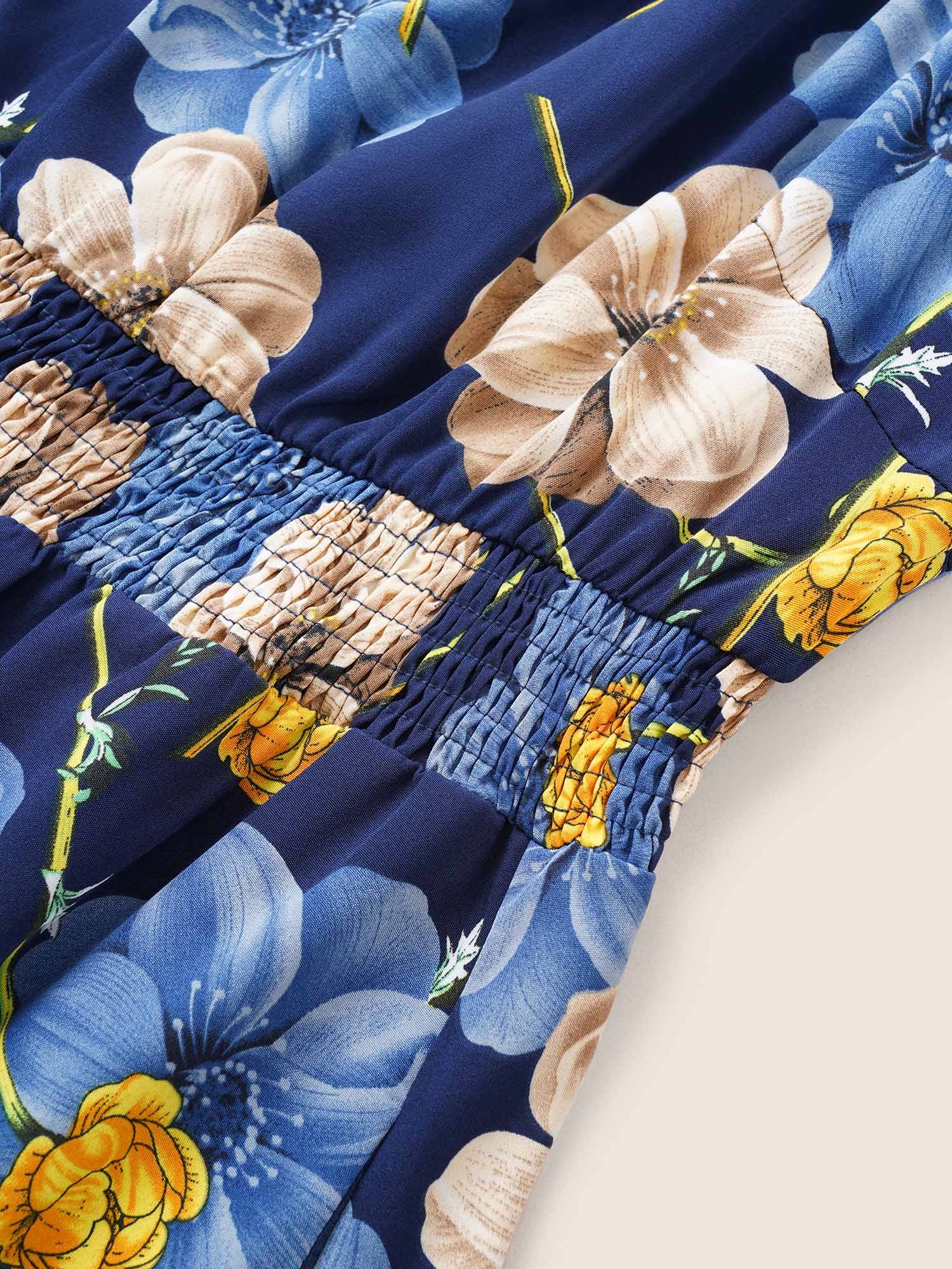 Floral Print Square Neck Shirred Cuffs Dress