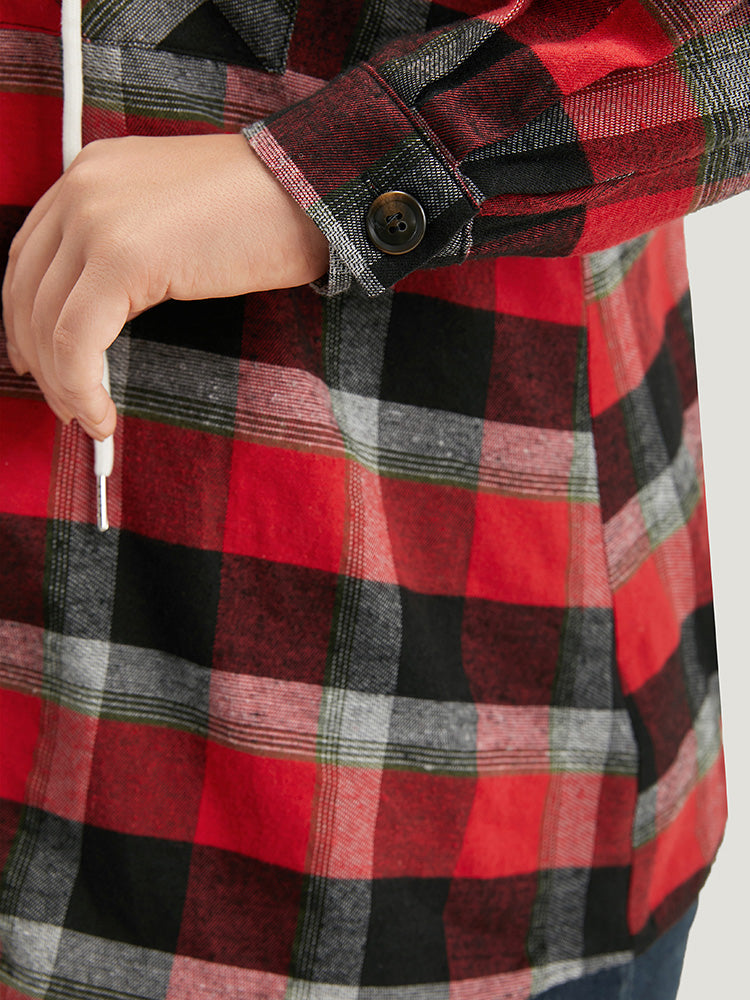 Plaid Patchwork Hooded Drawstring Button Through Jacket