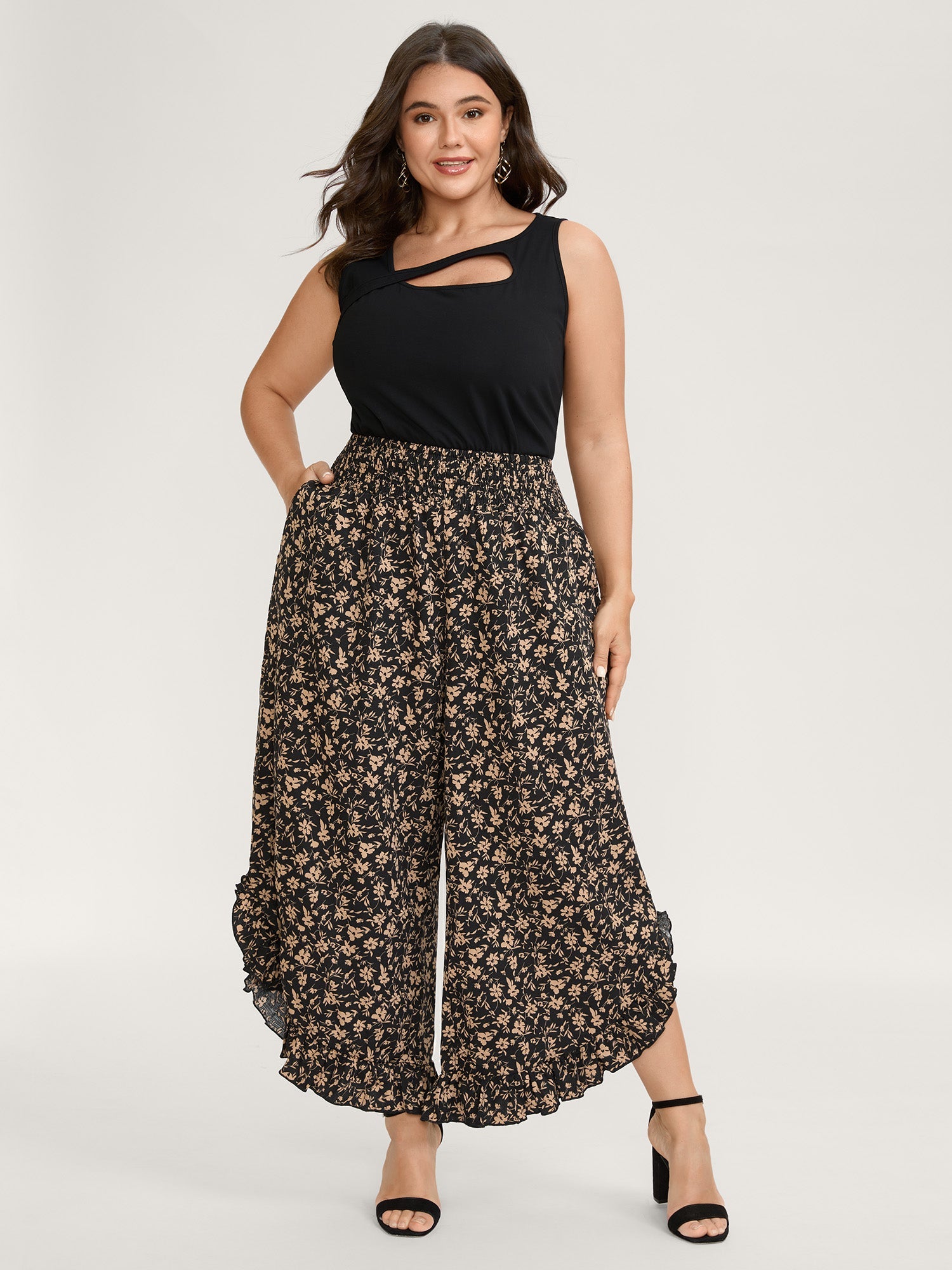 Floral Print Ruffled Asymmetrical Hem Pants