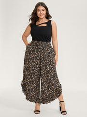 Floral Print Ruffled Asymmetrical Hem Pants