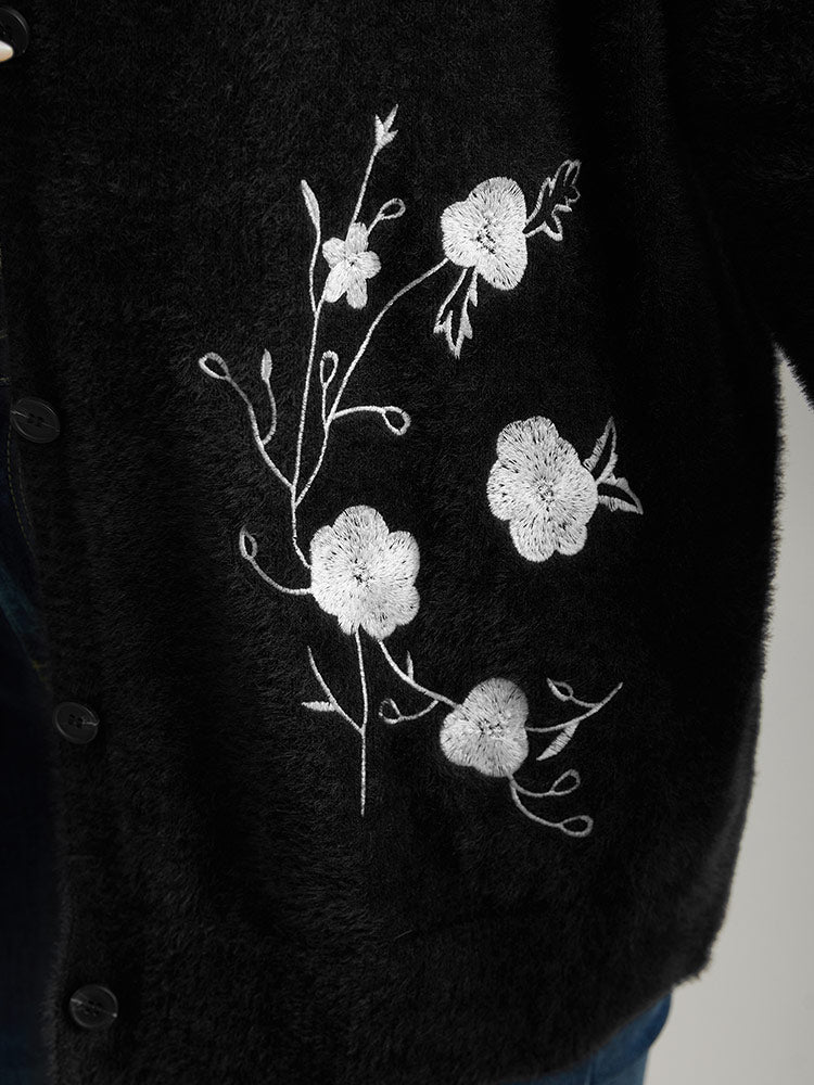 Floral Embroidered Fuzzy Open Front Cardigan