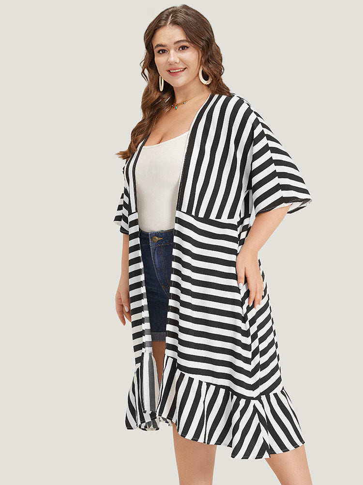 Striped Ruffle Hem Pocket Open Front Kimono