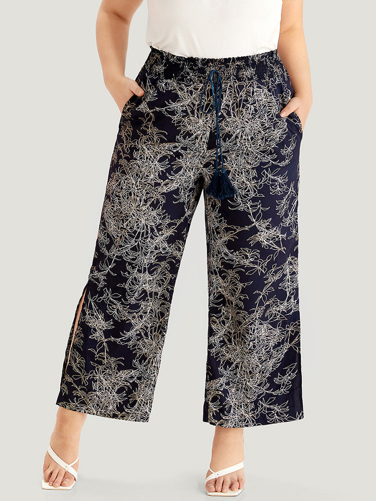 Graphic Print Shirred Split Side Tassels Ties Pants