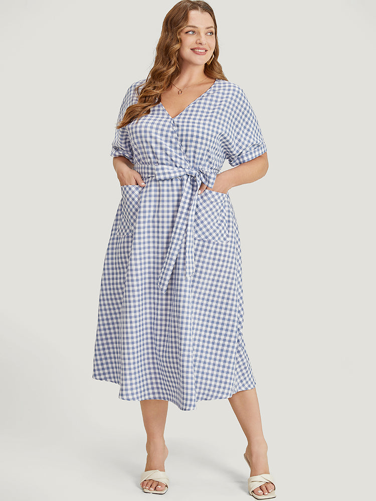 Gingham Print Roll Batwing Sleeve Belt Pocket Wrap Dress